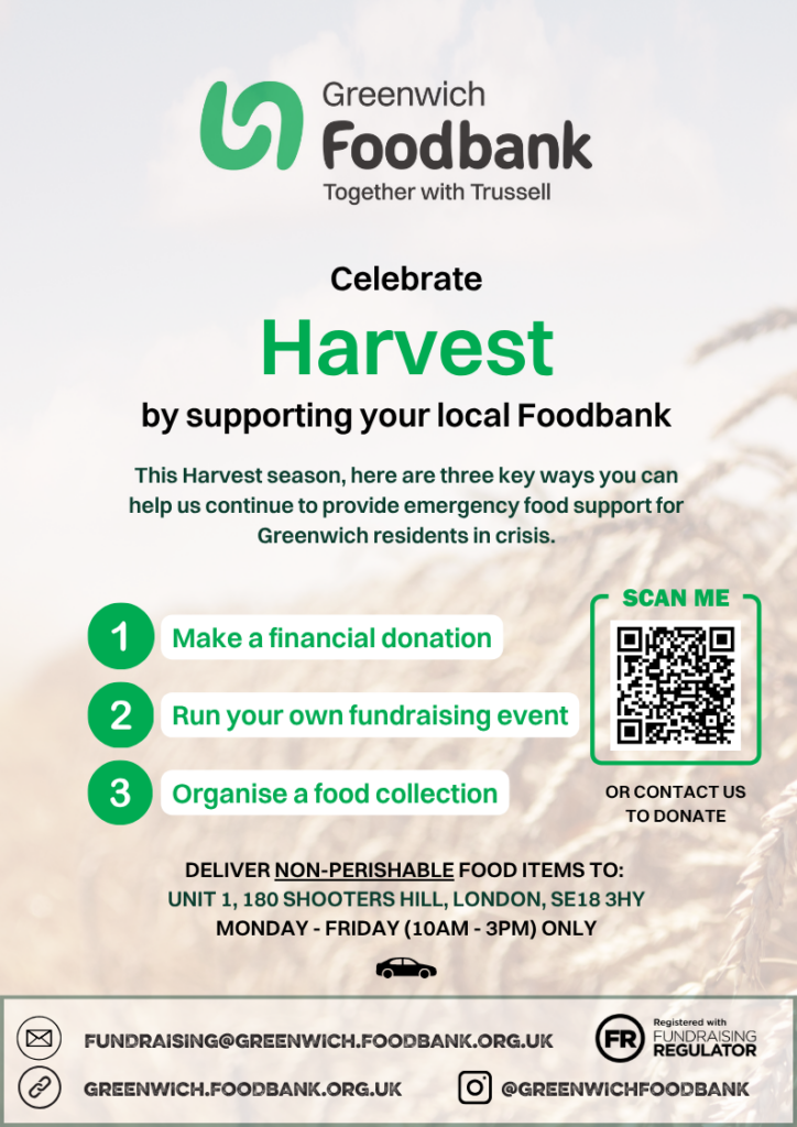 Celebrate Harvest by supporting Greenwich Foodbank with a food and/or financial donation